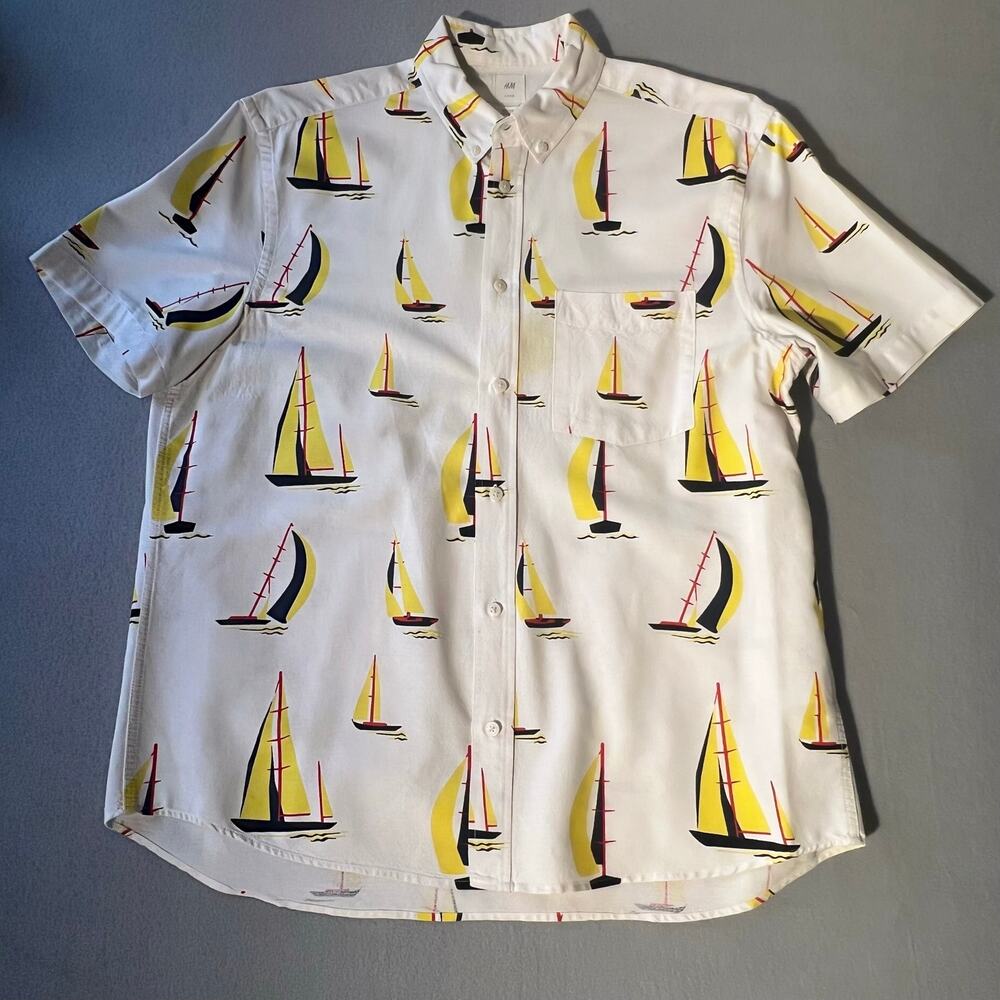 H&M L.O.G.G. Sailboat Print Button Up Shirt Men's Large Nautical